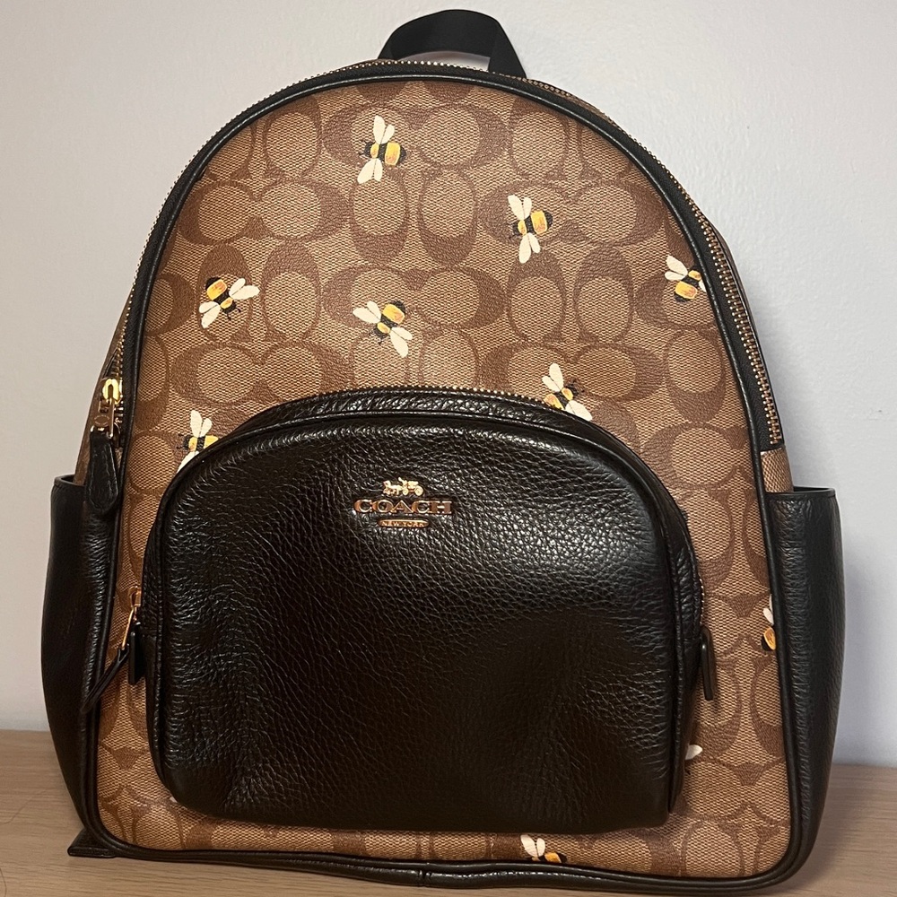 Coach Tan and Black Backpack with Bee Accents